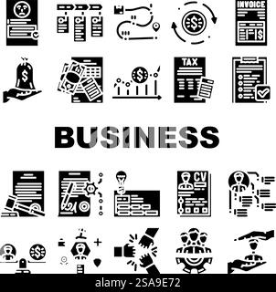 business process technology icons set vector. system teamwork, data workflow, computer strategy, digital information, project business process technology glyph pictogram Illustrations. business process technology icons set vector Stock Vector