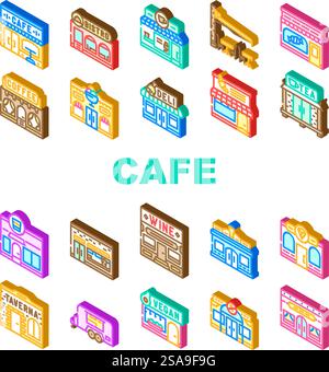 street cafe city outdoor icons set vector. restaurant table, europe coffee, summer travel, urban outside, terrace, bistro street cafe city outdoor isometric sign illustrations. street cafe city outdoor icons set vector Stock Vector