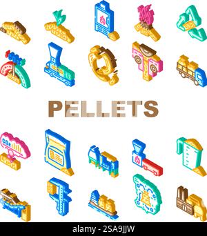 wood pellets eco energy icons set vector. ecological environment, falling, fire firewood, flaming flowing, fossil fuel granule wood pellets eco energy isometric sign illustrations. wood pellets eco energy icons set vector Stock Vector