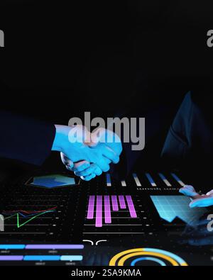 Business professionals shaking hands over interactive touch screen featuring pink bar graphs, financial analytics, and futuristic digital interface Stock Photo