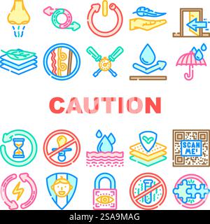 product caution label warning icons set vector. odor control, reversible, automatic shut down, lightweight, indoor use only product caution label warning color line illustrations. product caution label warning icons set vector Stock Vector