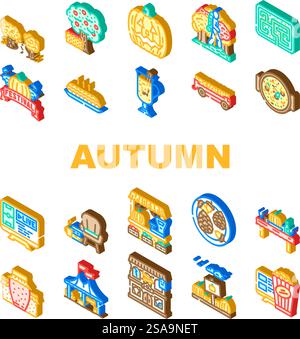 autumn spend time forest icons set vector. nature family, woman together, park people, garden tree, father portrait, mushroom autumn spend time forest isometric sign illustrations. autumn spend time forest icons set vector Stock Vector
