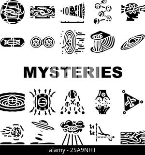 unsolved mysteries question ask icons set vector. black holes, dark matter, energy, origin universe life, consciousness, time travel unsolved mysteries question ask glyph pictogram Illustrations. unsolved mysteries question ask icons set vector Stock Vector