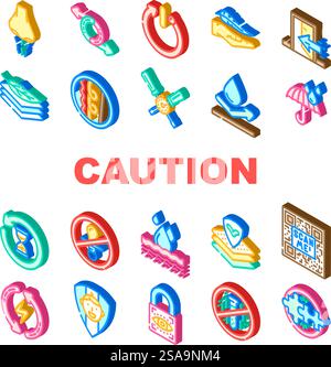 product caution label warning icons set vector. odor control, reversible, automatic shut down, lightweight, indoor use only product caution label warning isometric sign illustrations. product caution label warning icons set vector Stock Vector