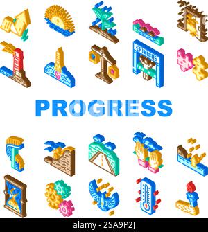 progress business success target icons set vector. leadership goal, strategy growth, career opportunity, work increase finance profit progress business success target isometric sign illustrations. progress business success target icons set vector Stock Vector