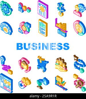 business process technology chart icons set vector. implementation, streamlining, standardization, decision making, problem solving business process technology chart isometric sign illustrations. business process technology chart icons set vector Stock Vector