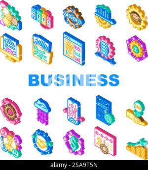 business process technology chart icons set vector. employee engagement, succession planning, change management, development business process technology chart isometric sign illustrations. business process technology chart icons set vector Stock Vector
