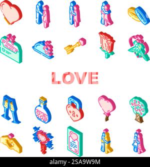 love heart shape valentine day icons set vector. people woman, care together, lifestyle social, man happy, couple, wedding love heart shape valentine day isometric sign illustrations. love heart shape valentine day icons set vector Stock Vector