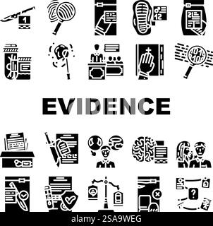 evidence crime board police icons set vector. criminal office, information detective, scene mystery, murder plan, clue, photo case evidence crime board police glyph pictogram Illustrations. evidence crime board police icons set vector Stock Vector