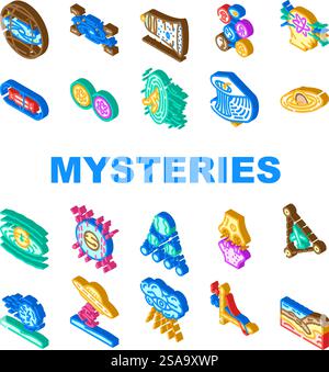 unsolved mysteries question ask icons set vector. black holes, dark matter, energy, origin universe life, consciousness, time travel unsolved mysteries question ask isometric sign illustrations. unsolved mysteries question ask icons set vector Stock Vector