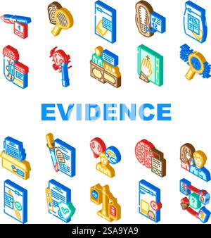 evidence crime board police icons set vector. criminal office, information detective, scene mystery, murder plan, clue, photo case evidence crime board police isometric sign illustrations. evidence crime board police icons set vector Stock Vector