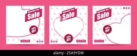 Valentine's Day Sale Social Media Post Templates - 50% Off Discount - Heart Shapes & Pink Theme - Vector EPS Stock Vector