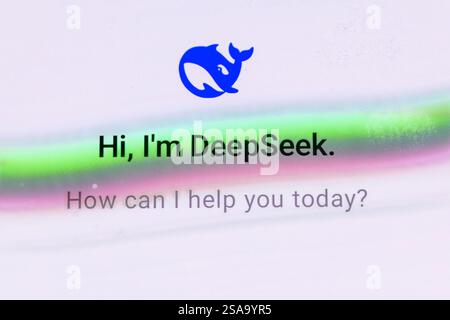London. UK- 01.29.2025. Macro close up of the welcome opening page of the Chinese open source AI app DeepSeek. Stock Photo