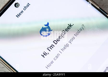 London. UK- 01.29.2025. Macro close up of the welcome opening page of the Chinese open source AI app DeepSeek. Stock Photo