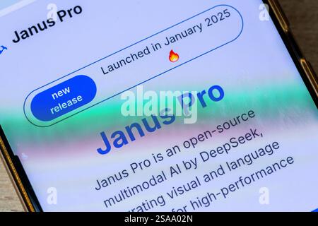 London. UK- 01.29.2025. Internet information on a cellphone of the launch of the DeepSeek Janus Pro open source multimodal AI able to generate images. Stock Photo