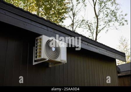 Outdoor air conditioner unit on building wall Stock Photo - Alamy