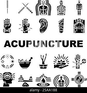 acupuncture needles therapy icons set vector. meridian holistic, wellness balance, energy qi, traditional chinese medicine healing acupuncture needles therapy glyph pictogram Illustrations. acupuncture needles therapy icons set vector Stock Vector