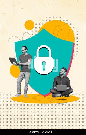 Vertical art creative trend collage of two happy men colleagues hold laptop shield cyber protection antivirus app lock coding Stock Photo