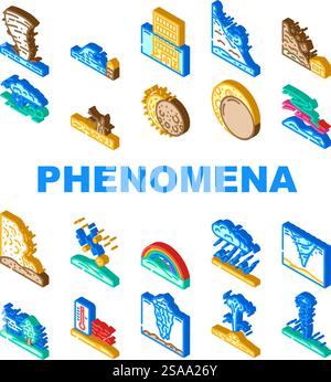 natural phenomena eclipse tsunami icons set vector. aurora hurricane, tornado earthquake, volcano lightning, rainbow blizzard, cyclone natural phenomena eclipse tsunami isometric sign illustrations. natural phenomena eclipse tsunami icons set vector Stock Vector