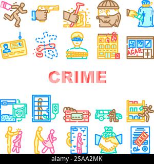crime justice law police theft icons set vector. murder assault, fraud robbery, violence prison, trial evidence, arrest, victim crime justice law police theft color line illustrations. crime justice law police theft icons set vector Stock Vector