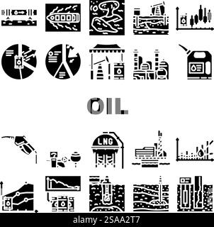 oil industry petroleum drilling icons set vector. pipeline, reservoir geology, seismic upstream, downstream midstream, crude oil industry petroleum drilling glyph pictogram Illustrations. oil industry petroleum drilling icons set vector Stock Vector