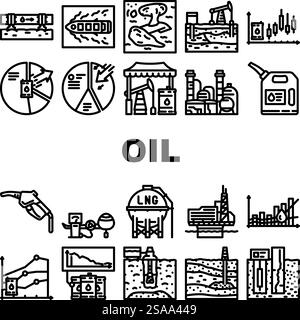 oil industry petroleum drilling icons set vector. pipeline, reservoir geology, seismic upstream, downstream midstream, crude oil industry petroleum drilling black contour illustrations. oil industry petroleum drilling icons set vector Stock Vector