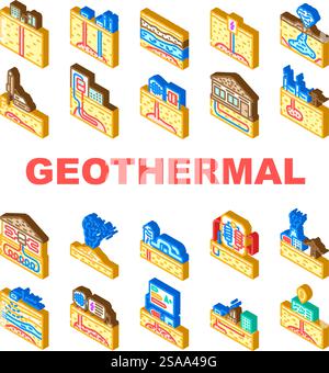 geothermal energy renewable heat icons set vector. earth power, sustainable resources, electricity technology, environment, efficiency geothermal energy renewable heat isometric sign illustrations. geothermal energy renewable heat icons set vector Stock Vector