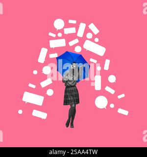 Monochrome image of young woman standing under blue umbrella against pink background with speech bubbles falling down. Conceptual design. Stock Photo