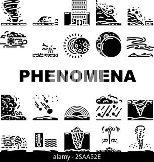 natural phenomena eclipse tsunami icons set vector. aurora hurricane, tornado earthquake, volcano lightning, rainbow blizzard, cyclone natural phenomena eclipse tsunami glyph pictogram Illustrations. natural phenomena eclipse tsunami icons set vector Stock Vector