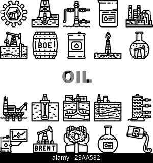 oil industry petroleum refinery icons set vector. exploration drilling, extraction offshore, onshore pipeline, reservoir, geology oil industry petroleum refinery black contour illustrations. oil industry petroleum refinery icons set vector Stock Vector