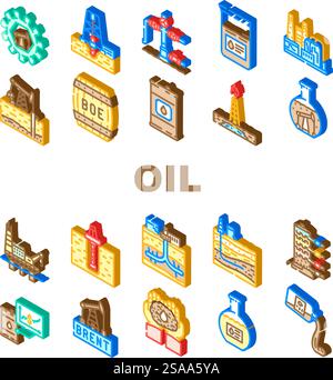 oil industry petroleum refinery icons set vector. exploration drilling, extraction offshore, onshore pipeline, reservoir, geology oil industry petroleum refinery isometric sign illustrations. oil industry petroleum refinery icons set vector Stock Vector