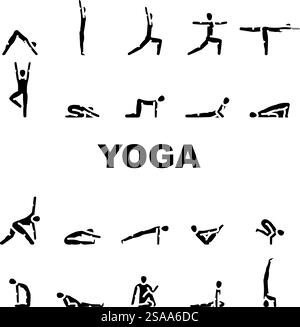yoga exercises meditation icons set vector. flexibility balance, strength flow, mindfulness relaxation, posture, alignment yoga exercises meditation glyph pictogram Illustrations. yoga exercises meditation icons set vector Stock Vector