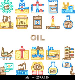 oil industry petroleum refinery icons set vector. exploration drilling, extraction offshore, onshore pipeline, reservoir, geology oil industry petroleum refinery color line illustrations. oil industry petroleum refinery icons set vector Stock Vector