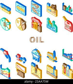 oil industry petroleum drilling icons set vector. pipeline, reservoir geology, seismic upstream, downstream midstream, crude oil industry petroleum drilling isometric sign illustrations. oil industry petroleum drilling icons set vector Stock Vector