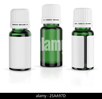 A 10 ml bottle of dark green UV glass for essential oils isolated on white background with soft transparent shadows. 3D render for branding and mock u Stock Photo