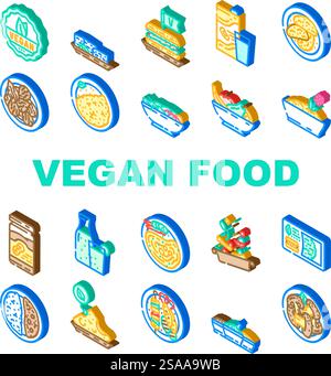 vegan food diet organic icons set vector. vegan plant based, cruelty free, organic, sustainable, tofu tempeh, seitan, legumes vegan food diet organic isometric sign illustrations. vegan food diet organic icons set vector Stock Vector