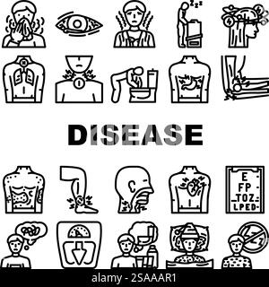disease symptom fever cough icons set vector. fatigue headache, nausea ...