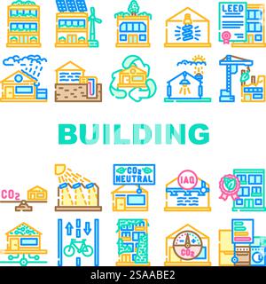 green building sustainability eco icons set vector. efficiency renewable, friendly, insulation solar, leed, passive, biophilic, recycled green building sustainability eco color line illustrations. green building sustainability eco icons set vector Stock Vector