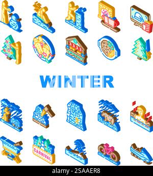 winter spend time snow skiing icons set vector. fireplace cocoa, sledding hibernation, frost cozy, holidays, ice, sweater, cabin winter spend time snow skiing isometric sign illustrations. winter spend time snow skiing icons set vector Stock Vector