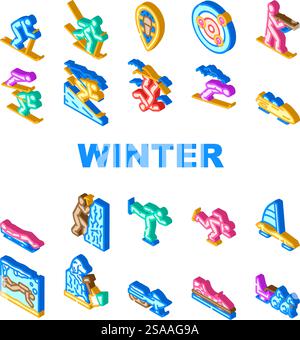 winter sport skiing snowboarding icons set vector. iceskating sledding, curling biathlon, bobsleigh luge, snowshoeing, hockey winter sport skiing snowboarding isometric sign illustrations. winter sport skiing snowboarding icons set vector Stock Vector