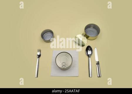 Silverware knife fork spoon napkin cans empty closed on yellow, cutlery. Nothing for dinner. What are you going to put on your plate can dish? Stock Photo