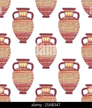 Seamless pattern with ancient Greek vases. Antique ceramic art. Vector illustration. Color background. Stock Vector