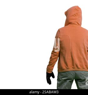 rear view of a thief or a hacker in hood on white background and copy space Stock Photo