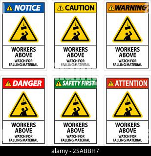 Danger Sign, Workers Above Watch For Falling Material Stock Vector