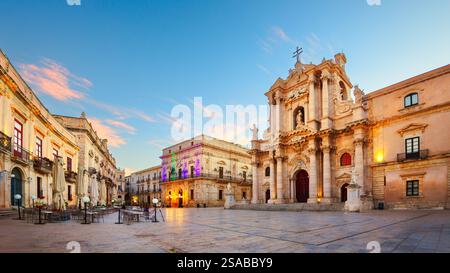 Syracuse, Sicily historic plaza and cathedral at dawn. Stock Photo