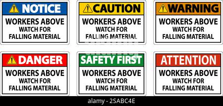 Danger Sign, Workers Above Watch For Falling Material Stock Vector