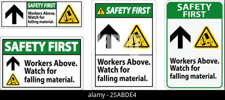 Safety First Sign, Workers Above Falling Material Stock Vector
