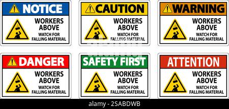 Danger Sign, Workers Above Watch For Falling Material Stock Vector