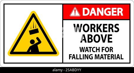 Danger Sign, Workers Above Watch For Falling Material Stock Vector