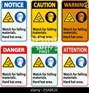 Warning Sign, Watch For Falling Materials, Hard Hat Area Stock Vector